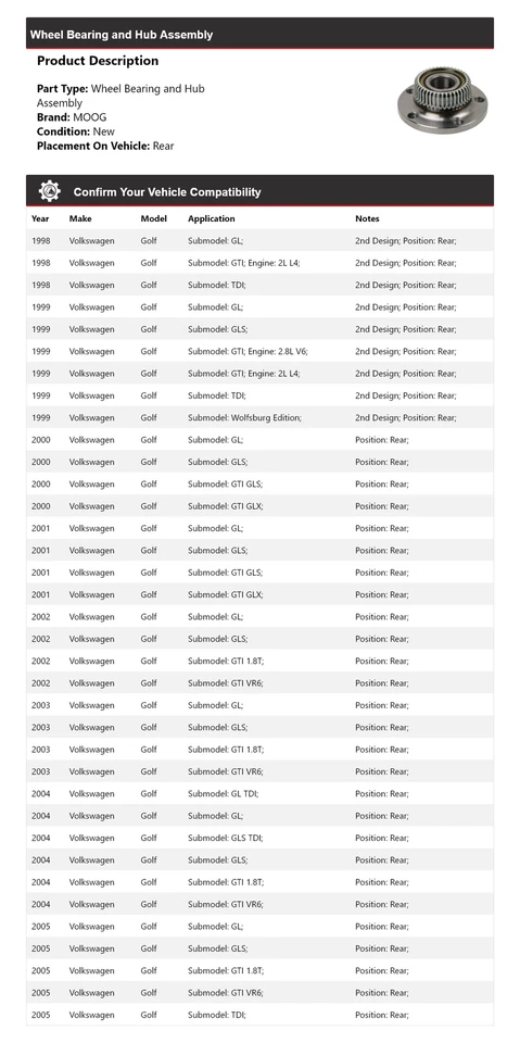 Para 1998-2005 Volkswagen Golf rolamento de roda e conjunto de cubo traseiro MOOG 1998 1999 - Imagem 2 de 4