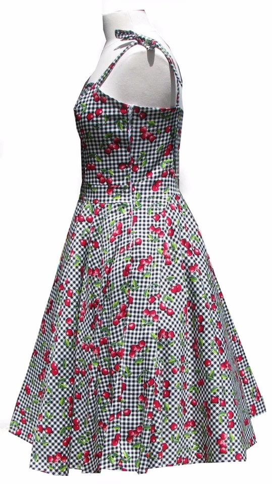 Vestido Swing Bettie Page Cherry Gingham Blanco y Negro a Cuadros Rockabilly Hot Rod Foto 3 de 4