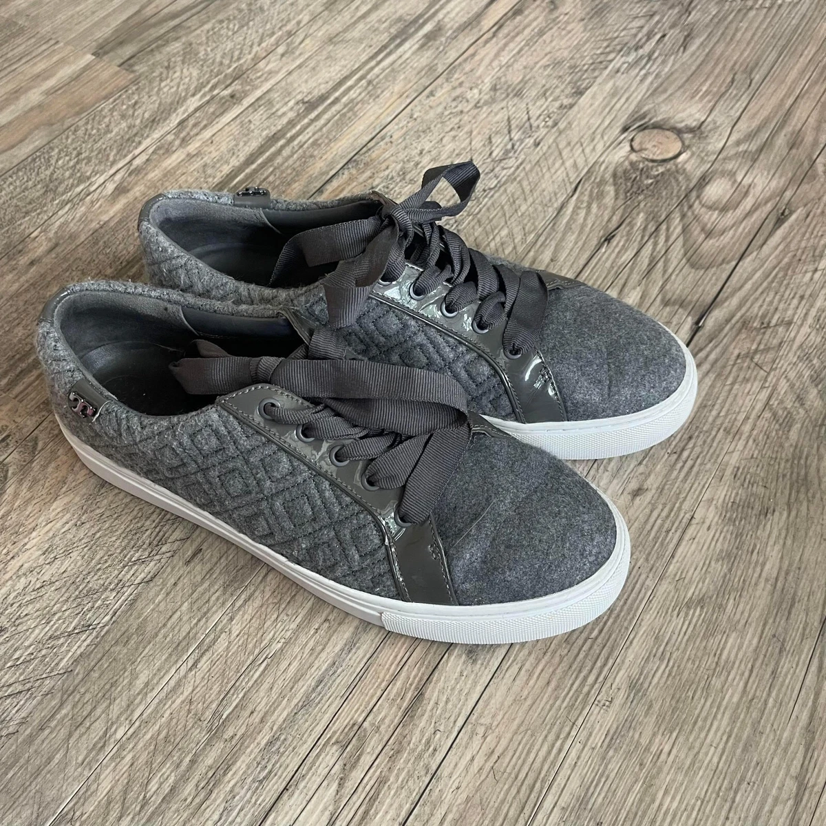 Tory Burch Marion T Gray Felt Sneakers 9.5 M Leather Lined Shoes