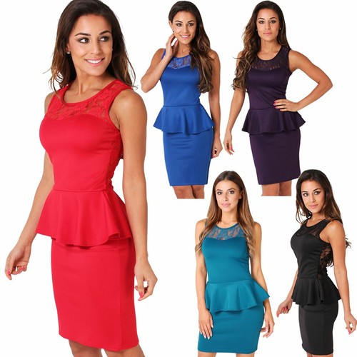 Krisp BASICS Lace Neck Bodycon Peplum Dress Mesh Panel Pencil Stretch Frill