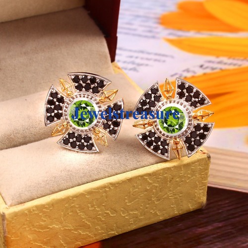 Natural Peridot & Spinel Gemstones 925 Sterling silver Gold Plated Cufflinks #53 - Picture 5 of 7