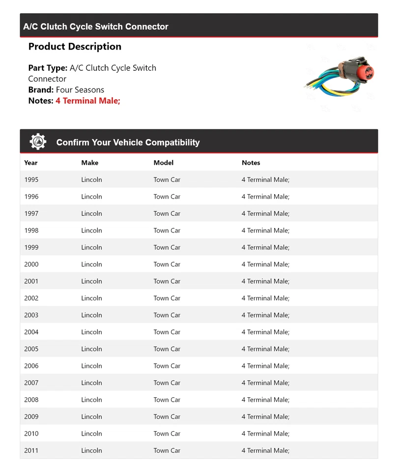 Conector de interruptor de ciclo de embrague de aire acondicionado Lincoln Town Car 1995-2011 4 estaciones 1996 Foto 2 de 4