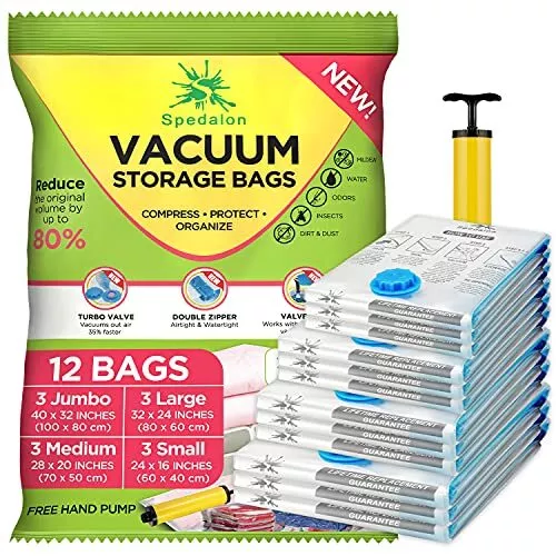 12 Pack Vacuum Storage Bags, Space Saver Bags (3 Jumbo/3 Large/3 Medium/3  Small) Compression Storage Bags for Comforters, Blankets, Vacuum Sealer Bags  for Clothes Storage, Electric Pump Included 