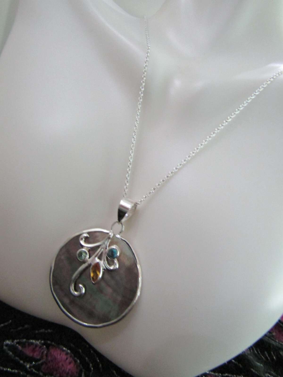 Sterling Silver MOP/Abalone Multi Gem Pendant Nec… - image 8