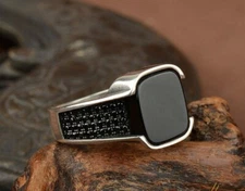 925 Sterling Silver Men’s Wedding Ring with Matte Black Square & Round Cut Onyx