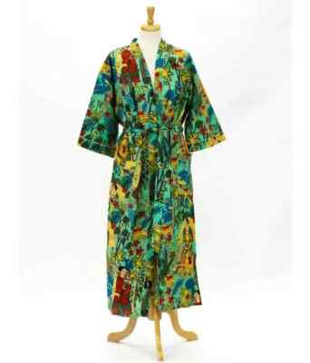 Indian Green Frida 100% Cotton Robes Long Kimono Sleepwear Night Kimono Robes
