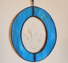 Sun Catcher Bird Etched Oval Stained Glass Blue Band