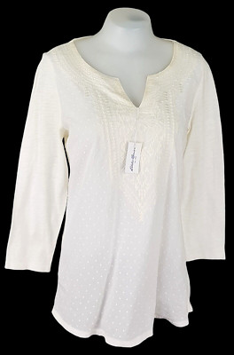 EDDIE BAUER Damen Elfenbein L/S TUNIKA SHIRT bestickt Schweizer Baumwolle - S - 79£