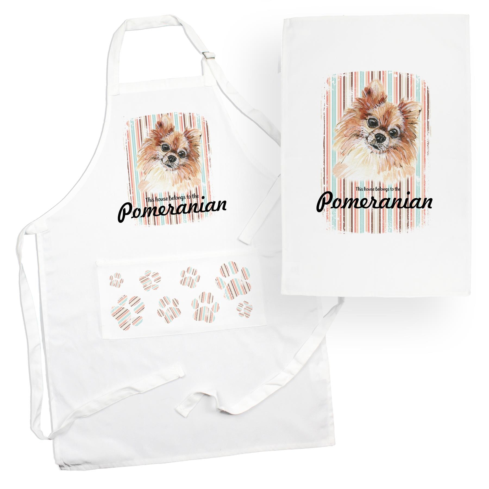 Pomeranian Tea Towel & Apron Set - Dogs & Paw Prints Kitchen Linens Gifts