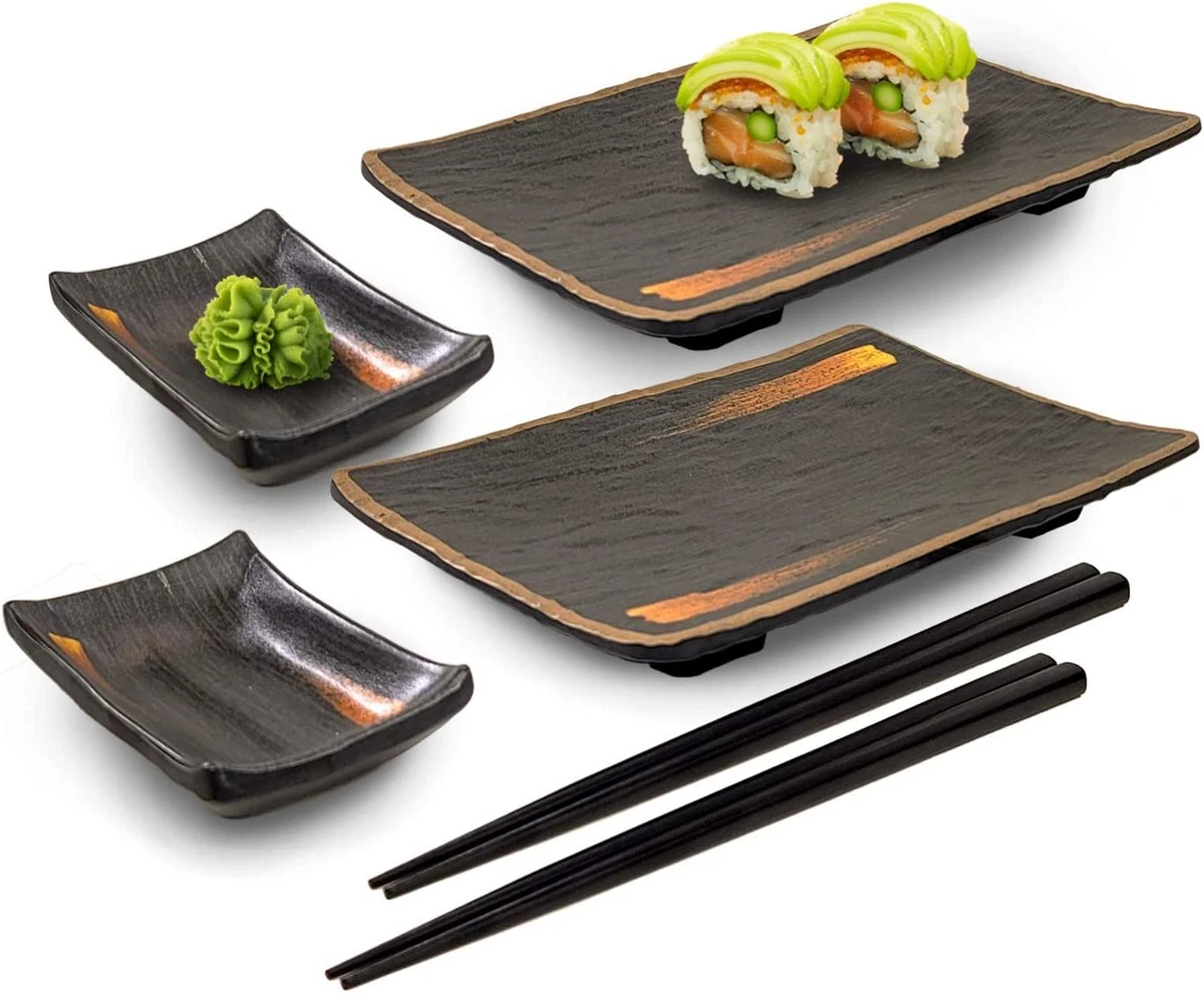 Happy Sales HSMSP-GLDBRU, Japanese Style 6 Piece Perfect Sushi Set for Two Melamine Sushi Plates Sauce Dish and Chopsticks Dinnerware Set, Gold Brush