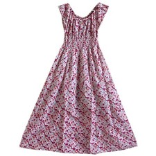 Floral Print Round Smocked Waist Dress Elegant Vacation Cap Sleeve L-52"