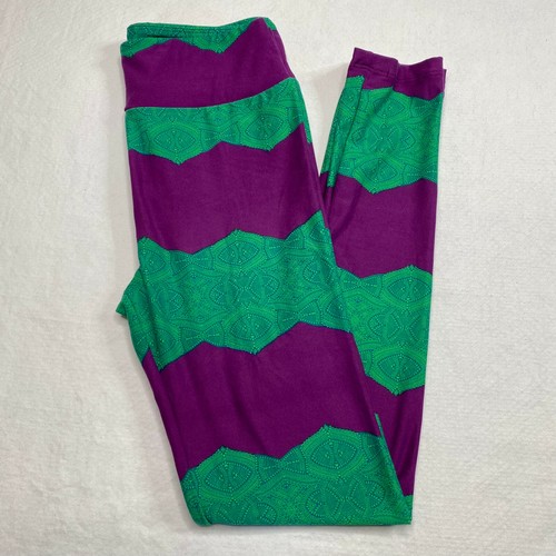 Lula Roe Womens Leggings One Size sz 2-10 Green Purple Chevron Striped Soft NEW - Picture 6 of 13