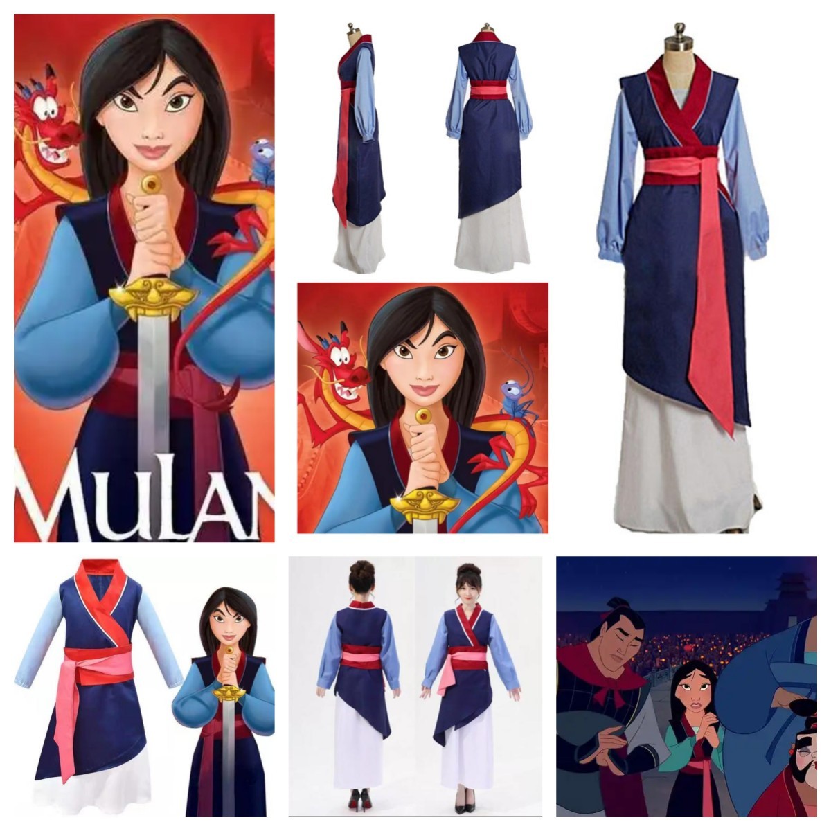 Disfraz Cosplay Mulan Halloween Carnaval Mulan Manga Larga Azul Oscuro Vestido