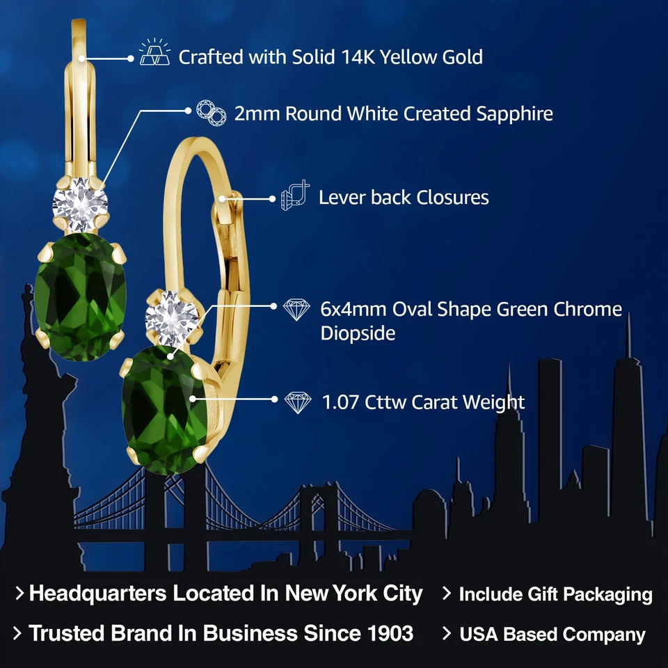 Pendientes de oro amarillo de 14K de zafiro blanco con diopsido cromado verde de 0,98 quilates Foto 2 de 4