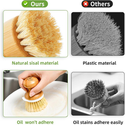 Bamboo Dish Brush, Kitchen Dish Scrubber Brush with Soap Dispenser, Natural W...