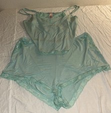 Vtg Victoria Secret Mint Green Lace Trim Cami Top Boyshorts Pajama Sleep Set XL