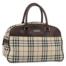 BURBERRY Nova Check Tote Bag Nylon Beige Silver Auth BA8239