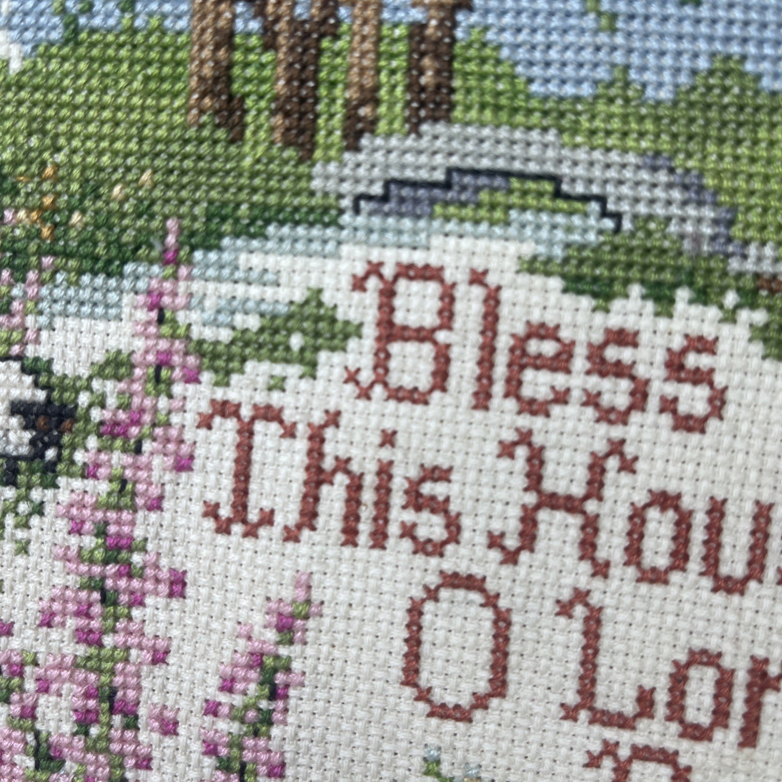 Bless This House O Lord We Pray Framed Cross-Stitch Cottage Sheep Scene 14.25"