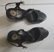 Vince Camuto Women  s Black Leather Strappy Open Toe Ankle Strap Block Heel 9