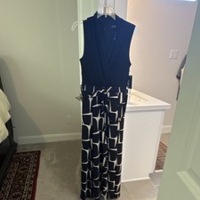 En Focus Studio Women's Black/White Geometric V-Neck Sleeveless Jumpsuit M