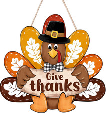 Thanksgiving Give Thanks Turkey Front Door Sign, Fall Wooden Thankful Wreath Han