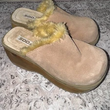 SODA VTG Y2K Brown Faux Leather Chunky Platform Fur Lined Mules Clogs Shoes 8.5