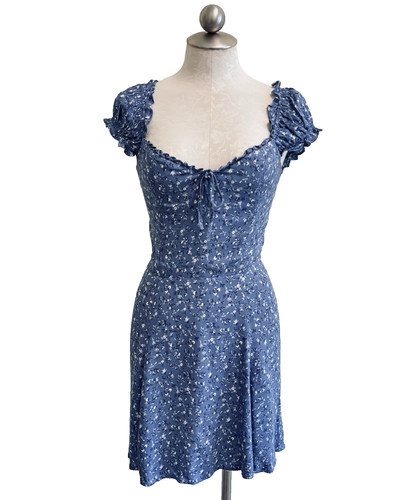 Reformation Blue Micro Floral Smocked Back Short Dress Ruffle Sleeves Size 6