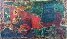 American mid 20th C, Greta Carmen, Vintage Mixed Media Painting, Abstract Horse