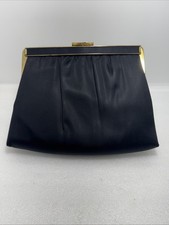 Vintage And  Black Satin Clutch Evening Bag Gold Clasp Chain Purse Handbag
