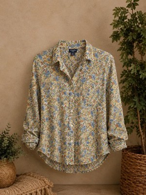 Chaps Women s Blouse Size XXL Yellow Blue Orange Floral Print L/S Summer Fabric
