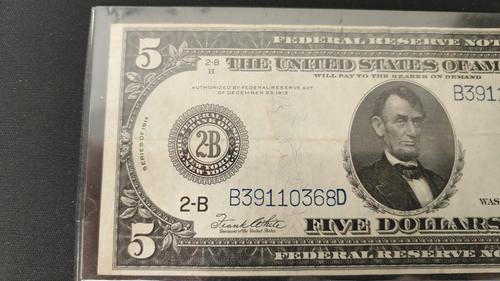 Frn 1914 $5 FRN, Five Dollars Federal Reserve Large Note, 2-B New York ...