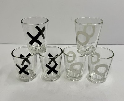 Set Of 6 Tic Tac Toe Shot Drinking Glasses 3 Black X, 3 White O s 1 oz 2 3/8 
