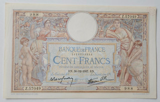 FRANCE FRANCIA BILLET DE 100 FRANCS LUC OLIVIER MERSON DU 30 12 1937.