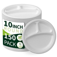 10 Inch 3 Compartment Paper Plates White 150 Pack , Compostable D