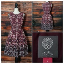 Vince Camuto Dress Size 4 Fit & Flare Burgundy Bohemian Print Zip Back Pockets