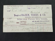 1883 antique HAZEN TODDS & CO broadway ny SILKS FANCY DRY GOODS billhead