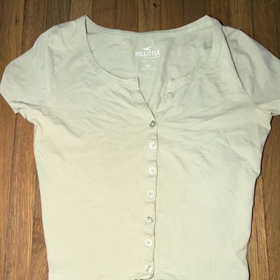 Hollister White Henley Baby Tee XS Cotton Knit Slim Fit Button Front