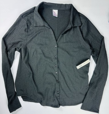 No Boundaries Textured Black Button Down Top Sz XXL Deep V-Neck 90s Office NWT