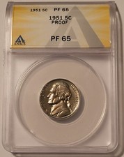 1951 Jefferson Nickel PF65 ANACS Toning Low Proof Mintage