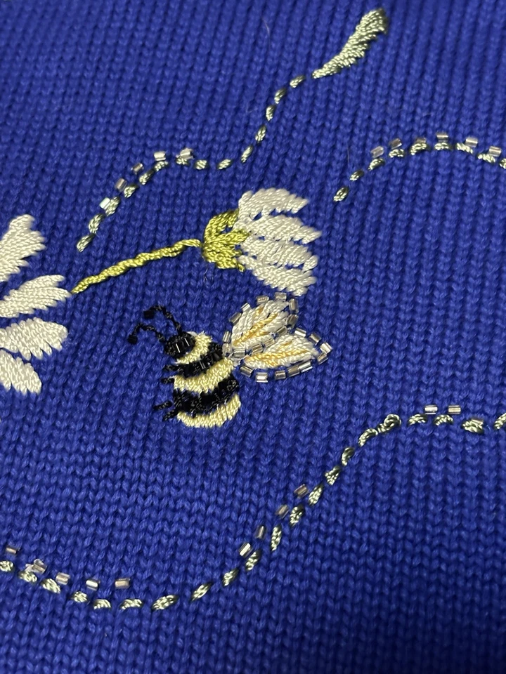 NWT Quacker Factory Sweater Women's 1X Blue With Flowers Bees Embroidered Back - Image 3 of 4