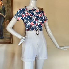 Mod 1960s Vintage Red White  Blue Polka-dot Blocks Shorty Shorts Romper S