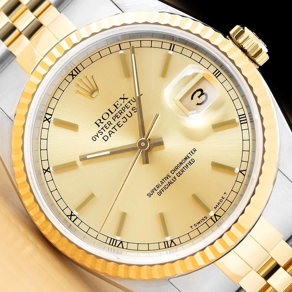 ROLEX MENS DATEJUST 16233 18K YELLOW GOLD STEEL 2-TONE CHAMPAGNE DIAL WATCH