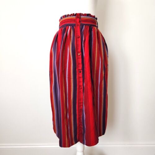 Mango Striped Midi Skirt Size XS Red Multi Button Front Boho Cottagecore Funky