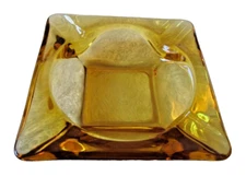 VINTAGE ASHTRAY 6” SQUARE AMBER GLASS CIGAR MAD MEN MANCAVE MCM