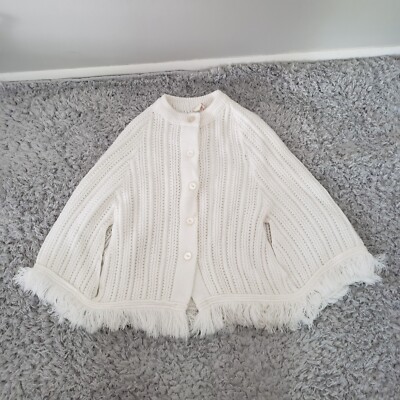 Vintage Sherri Mädchen weiß Strick Poncho Cape Knopfleiste Fransen