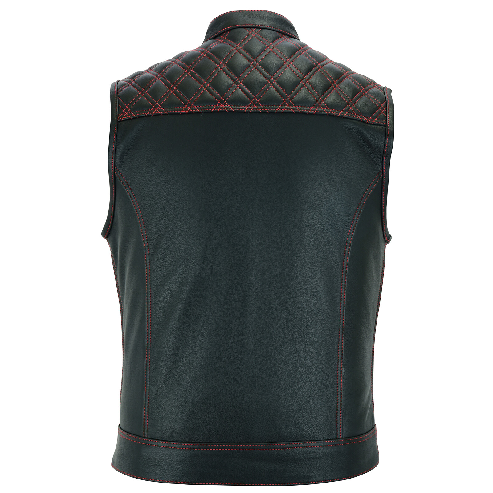Leatherick Groove Club heren zwart lederen motorvest, traditionele paisley satijnen voering met rode diamantstiksels, Zwart, 56 Leatherick Groove Club heren zwart lederen motorvest, traditionele paisley satijnen voering met rode diamantstiksels, Zwart, 56