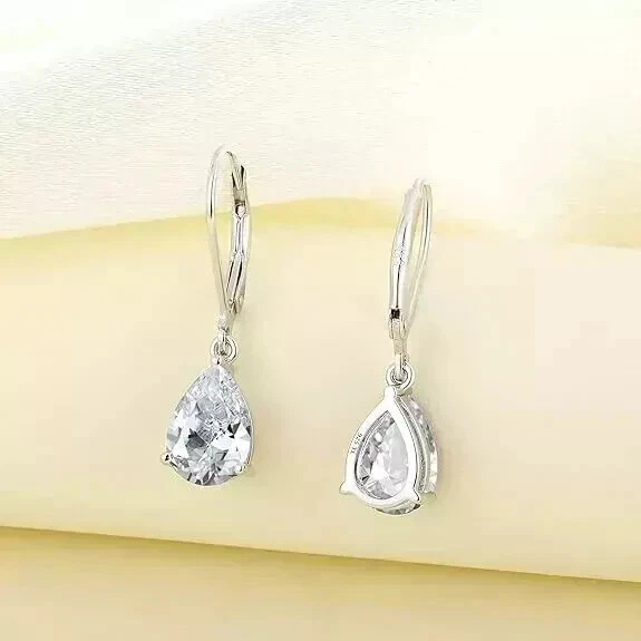3Ct Pear Cut Real Moissanite Women's Dangle Drop Earring 14k White Gold Plated - Image 3 of 4