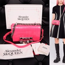 NEW $2,390 ALEXANDER MCQUEEN Pink JEWELED KNUCKLE SKULL Chain MINI FLAP BAG NIB