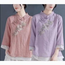 Chinese Style Hanfu Woman Fake Two Piece Qipao Cheongsam Shirt Cotton Linen Tops