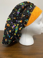 CANDY CORN BLACK, CANDY CORN ORANGE BAND SURGICAL NURSE SCRUB HAT,CHEMO, TECH